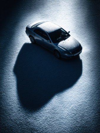 Silvery car silhouette rests on a frosty surface under a calming ice-blue background, conveying a tranquil winter scene suitable for a banner.の素材