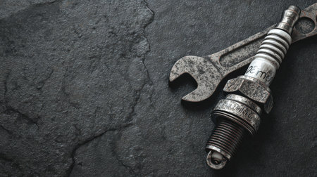 A spark plug and a wrench rest against a dark gradient surface, showing a simple and elegant design that emphasizes mechanical tools.の素材