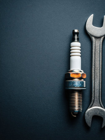 Close-up view of a spark plug and a wrench displayed in a clean, minimal layout on a dark gradient background, perfect for automotive themes.の素材