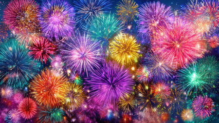 Colorful fireworks light up the emerald green night sky during the vibrant New Year celebration of 2029, creating a festive atmosphere.の素材