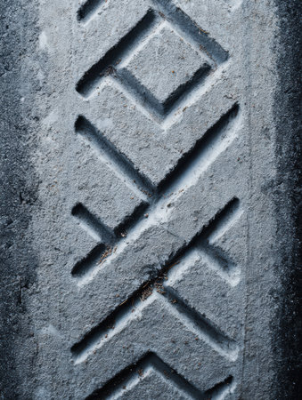 Snow tire tread imprints on asphalt are visible from above, highlighting intricate patterns in a winter setting, ideal for assessing traction.の素材