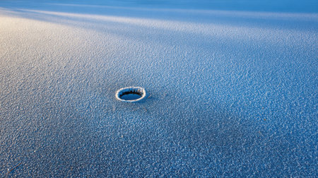 A serene, empty frozen lake features a lone ice hole, capturing the essence of quiet waiting and the beauty of winter stillness.の素材