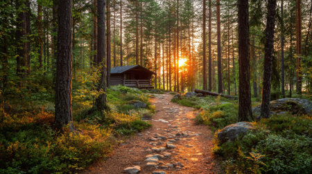 A rustic wooden cabin stands in a serene forest, bathed in warm sunset glow, surrounded by tall trees and natureの素材