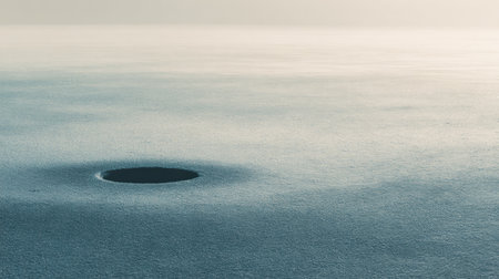 Empty frozen lake stretches under a pale sky, featuring a solitary hole in the ice, conveying a sense of deep anticipation and stillness.の素材