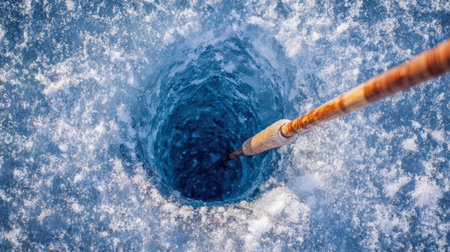 Ice hole reveals deep blue water beneath, with a skimmer and fishing rod neatly arranged for winter fishing activity.の素材