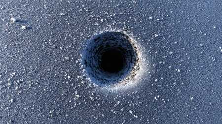 Round hole newly drilled in a frozen lake captures intricate icy texture, showcasing a winter scene from a top-down perspective.の素材
