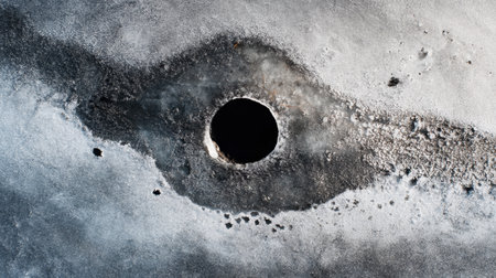 A round hole has been drilled into a frozen lake, showing intricate ice patterns and textures. The scene captures the beauty of winter.の素材
