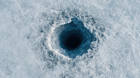 A round hole is freshly drilled in the icy surface of a frozen lake, showing intricate blue and white textures in the winter season.の素材