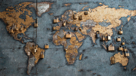 A digital representation of the world map displays padlocks across continents, symbolizing connections in global cybersecurity and data security.の素材