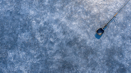 Scoop, auger, and fishing rod are arranged on a smooth frozen lake surface, showing clear textures and winter conditions.の素材