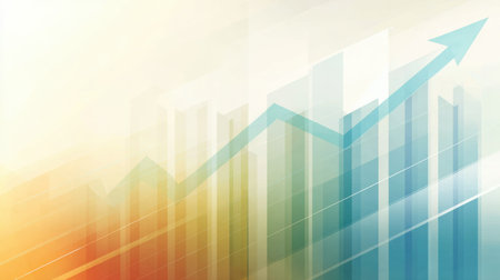 Business growth is illustrated by an abstract chart with a rising arrow over a smooth gradient, symbolizing upward trends and success.の素材