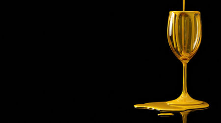 Golden liquid flows to create a striking wine glass silhouette, contrasting beautifully with the black background for a dramatic effect.の素材