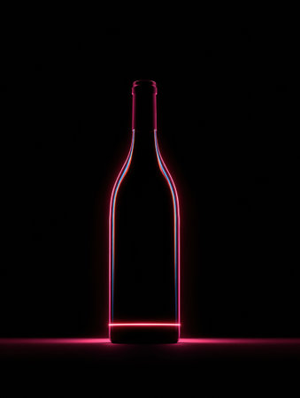 A silhouetted bottle with a vibrant glow highlights the elegance of luxury wine marketing amidst a dark setting.の素材