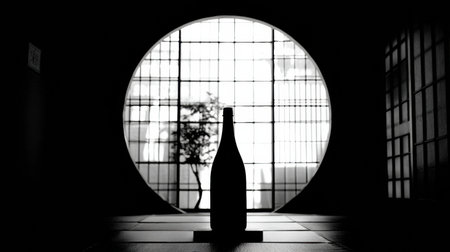 A black silhouette of a bottle is positioned in front of a circular Japanese window, enhancing the tranquil setting of the room.の素材