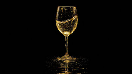 Golden liquid captures the shape of a wine glass against a deep black backdrop, creating a captivating and artistic visual effect.の素材
