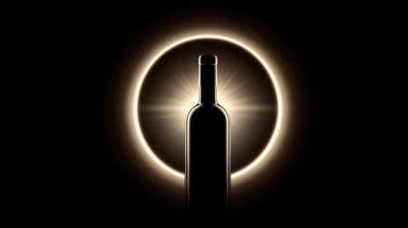 A sleek wine bottle silhouetted against a glowing light creates an elegant atmosphere, perfect for luxury marketing in fine dining or retail.の素材