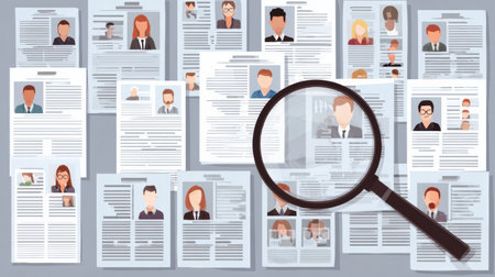 This visual representation highlights the hiring process with resumes scattered around and a magnifying glass focused on candidate avatars.の素材