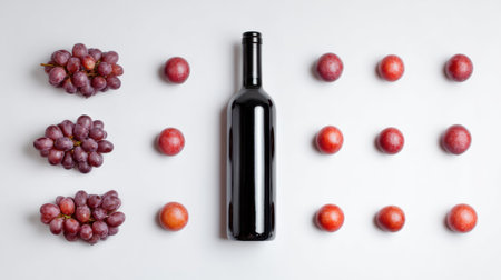 Clear overhead arrangement featuring a wine bottle placed among red and purple grapes on a clean white canvas, creating a visually appealing display.の素材