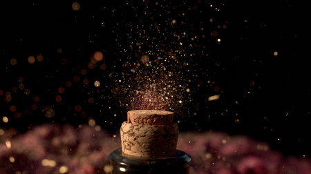 The cork bursts from the bottle, sending golden sparks into the air, capturing the excitement of a festive occasion.の素材