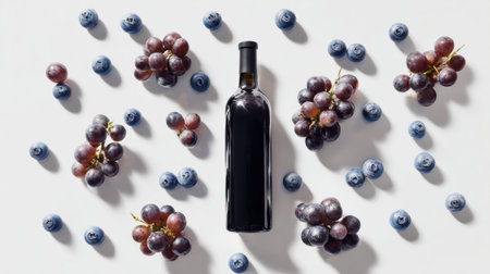 Neatly arranged wine bottle sits centrally with grapes and blueberries artfully placed around it on a white surface, creating an elegant display.の素材