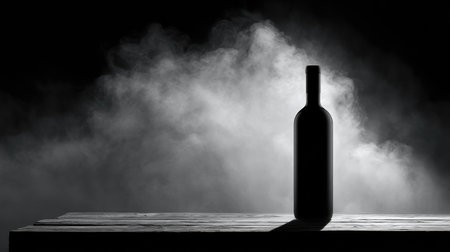 A sleek wine bottle silhouette stands on a rustic wooden table, surrounded by a moody dark background and soft mist, ideal for branding.の素材