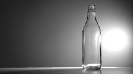 A clear glass bottle stands prominently in a meticulously arranged industrial studio space featuring sharp edges and soft background lighting.の素材