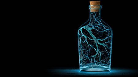 A bottle showcases glowing data patterns inside, with vibrant lines flowing in a dark environment, evoking a science fiction theme.の素材