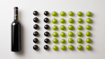 Overhead view of a wine bottle next to neatly arranged green and black grapes on a white canvas, showing a fresh and simple setting.の素材