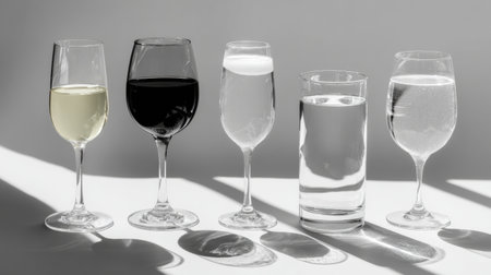 Five wine glasses filled with different beverages stand in a row, capturing the elegance of minimalism in black-and-white tones.の素材