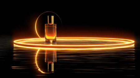 A bottle sits gracefully inside a golden ring of light, reflecting a sense of luxury and minimalism against a dark backdrop.の素材