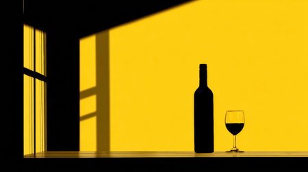 Silhouette of a wine bottle and glass set against a warm yellow background, creating a bold and elegant atmosphere.の素材