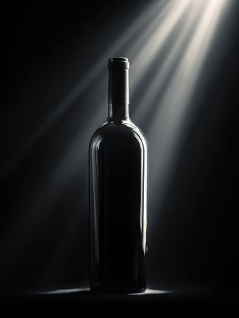 A sleek wine bottle stands gracefully in a gentle spotlight, creating an atmosphere of refined luxury against a dark background.の素材