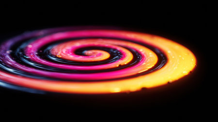 A flowing wine fluid glows brightly, forming a stunning spiral pattern of red and orange shades in complete darkness.の素材