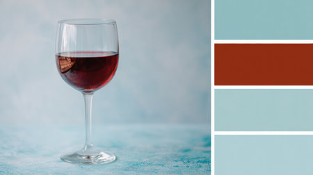 A clear wine glass filled with deep red liquid stands against a soft blue background, complemented by a minimal color palette.の素材