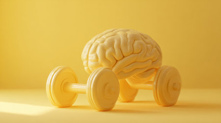 Brain lifting colorful dumbbells in a bright sunny yellow setting symbolizes mental strength and fitness training for the mind.の素材