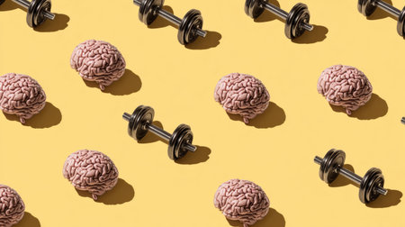 Bright yellow backdrop features a brain lifting dumbbells, symbolizing the importance of mental training for mental strength and wellness.の素材