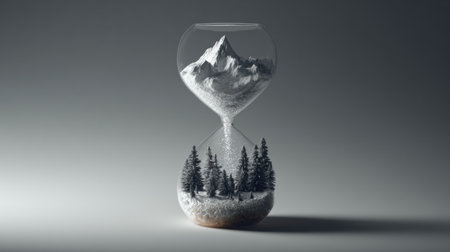 An hourglass displays snow cascading to form lush pine trees and tranquil hills, beautifully merging the concepts of time and nature.の素材