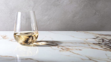 A crystal glass holds refreshing white wine on an elegant marble table, showing a bright, modern atmosphere filled with simplicity.の素材