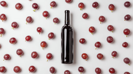 Overhead arrangement showcases a wine bottle in the center, elegantly surrounded by clusters of fresh grapes on a clean white canvas.の素材