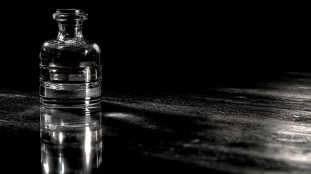 A clear glass bottle stands alone on a polished black surface, showing a striking reflection under low light conditions.の素材