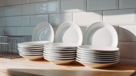 Ceramic plates are drying on a wooden counter, catching natural light from a nearby window in a modern kitchen setting.の素材