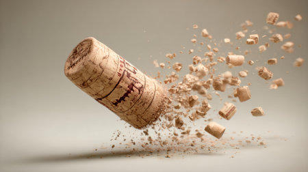 Cork bursts through the air, sending tiny pieces scattering in a lively display of energy and detail, perfect for capturing the excitement.の素材