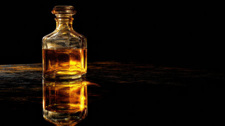 A glass bottle filled with amber liquid sits on a shiny black surface, creating a striking reflection that highlights its shape and color.の素材