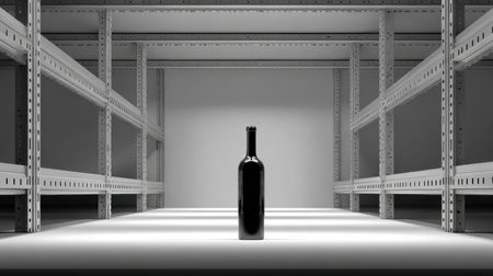 Bottle stands alone on a well-lit shelf within a metal shelving system, creating a striking focal point in a minimalist space.の素材