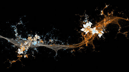 Vibrant fractal patterns resemble wine splashes, forming abstract flowers and creating a stunning visual contrast in dark surroundings.の素材