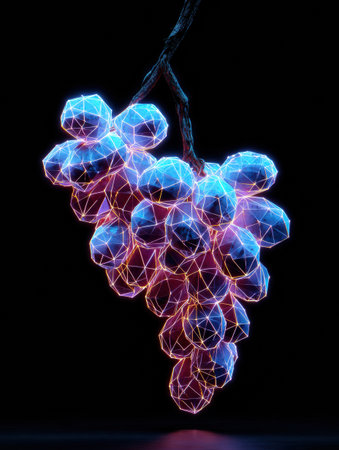 A cluster of neon grapes shines with geometric shapes, illuminated in bright colors, creating a captivating cyber aesthetic.の素材