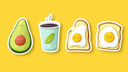 Bright and playful stickers showcase delicious food items like avocado, coffee, toast, and eggs, perfect for any food lovers collection.の素材