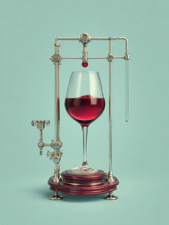 Clear wine glass held by lab equipment displays rich red liquid, emphasizing scientific methods in wine tasting and analysis.の素材