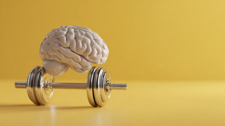 A brain balances on dumbbells, symbolizing mental fitness and training in a sunny yellow setting. Bright colors inspire positivity and focus.の素材
