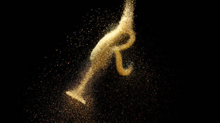 Golden particles swirl together, forming an abstract shape resembling a luxury wine glass in a dark background, showing casing elegance.の素材